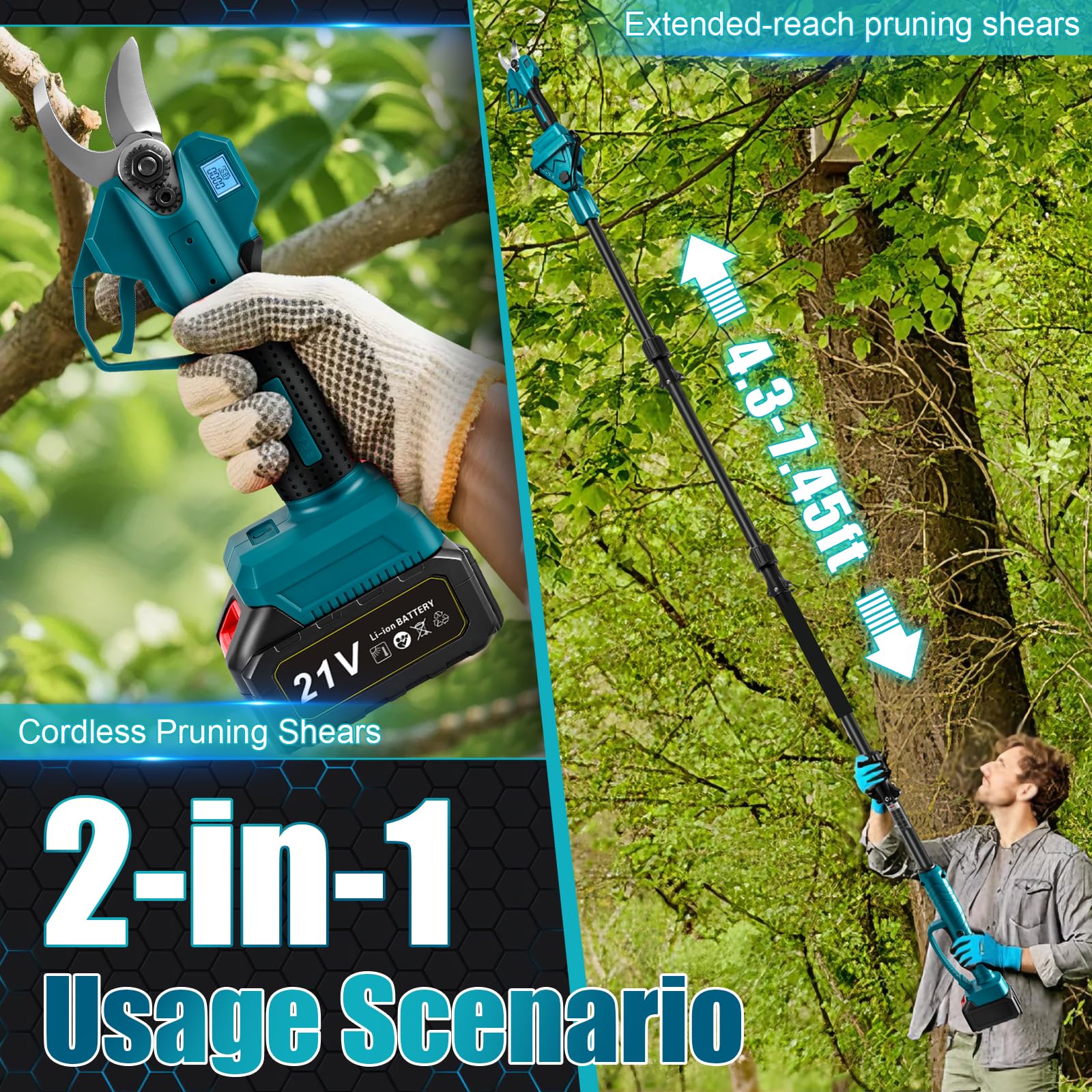 Tijeras de Podar Eléctricas, 50mm Tijeras de Podar Bateria con 2 x 2000mAh Baterías, 2.6m Pértiga Extensible, 2 EN 1 Tijeras de podar con batería con 3 marchas, Pantalla LED, cuchillas de repuesto