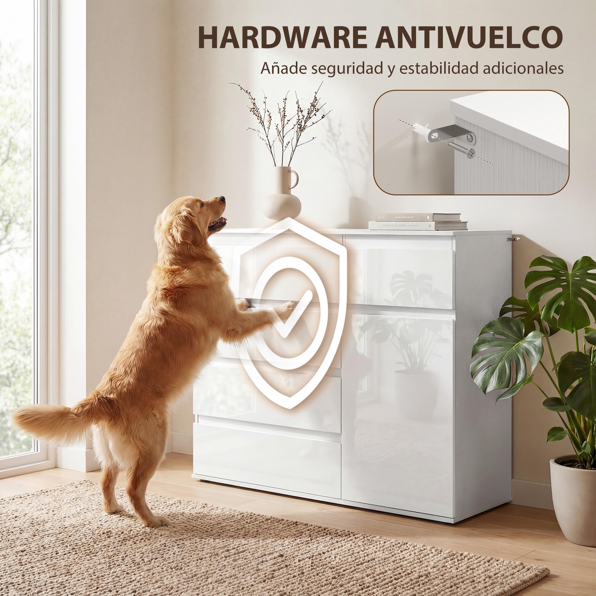 HOMCOM Aparador con 5 Cajones Aparador Recibidor 100x40x80cm Blanco Brillo | Estantes Ajustables, Puerta de Cierre Suave, para Cocina, Dormitorio