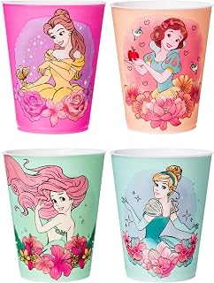 Silver Buffalo Disney Princess Featuring Belle, Snow White, Ariel, and Cinderella Floral 4 Pack Plastic Mini Cup Set, 1.5 Ounces
