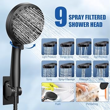 Filtered Rainfall Handheld Shower Combo, 12 High Pressure Shower Head with 3-Way Diverter & 9 Spray Modes, Matte Black Bathroom Upgrade (Extension Arm, Anti-Scale Filter, 59 Hose)
