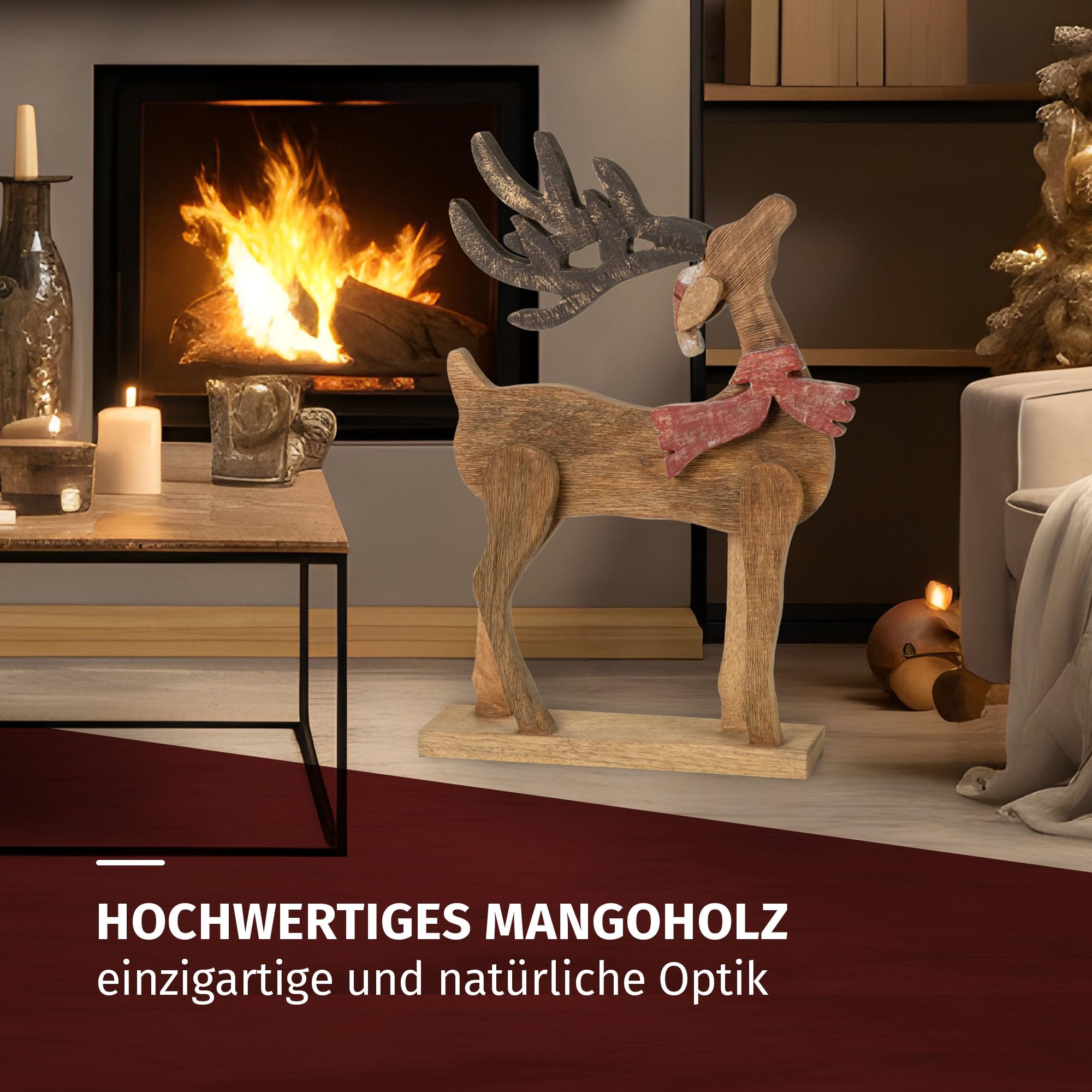 Moritz Décoration de Noël - Figurine de renne en bois de manguier - 55,5 cm - Fabriquée à la main - Avec écharpe rouge et bonnet de Noël - Décoration d'hiver pour salon, rebord de fenêtre ou cheminée