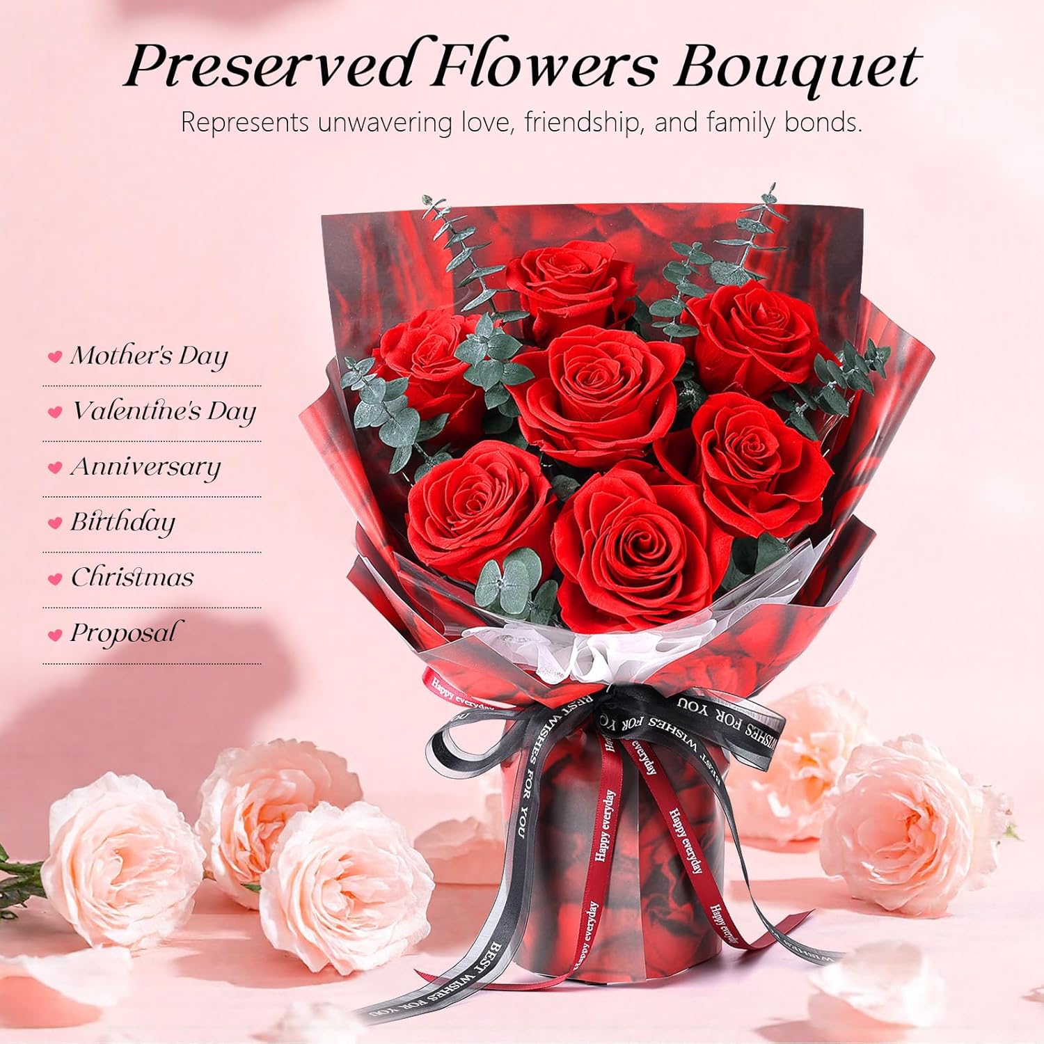Preserved Flowers Bouquet 7 Roses - Red Real Rose & Flowers for Delivery, Eternal Roses Bouquet with Gift Box, Anniversary Birthday Valentines Day Gifts for Women Mom Grandma Her Wife Girlfriend - Image 3