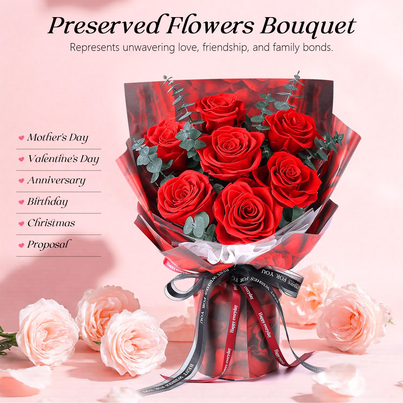 Bouquet di 7 Rose Rosse con Vaso, Rosa Stabilizzata, Fiori Eterni Conservati, Regali per Donna, Mamma, Moglie, Fidanzata, per Compleanno, Anniversario, San Valentino, Festa della Mamma