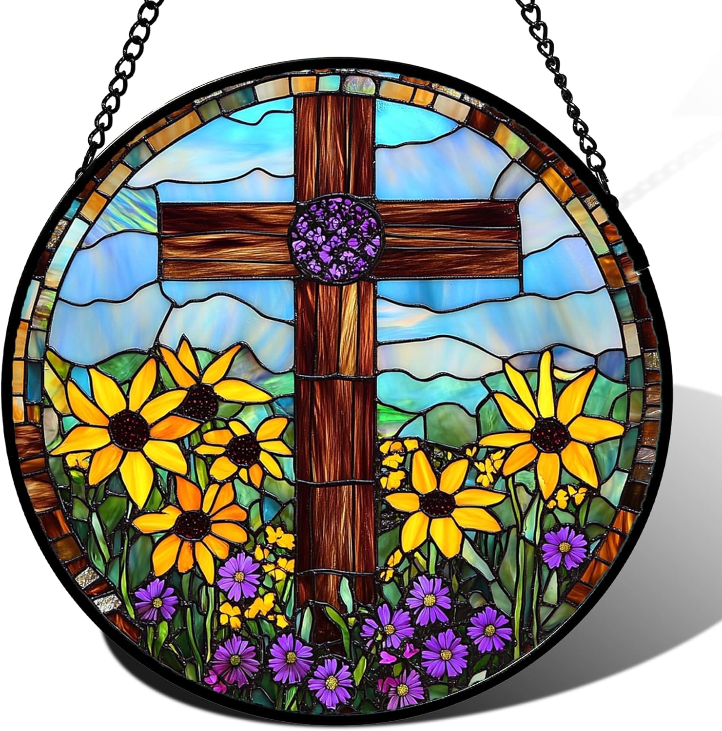 Christian Gifts for Women - Cross Stained Glass Window Hanging Jesus Easter Flower Mountain Sun Catcher Garden Religion Decor Mother's Day Catholic Gift for Grandma Mom Nana Her 9.8"