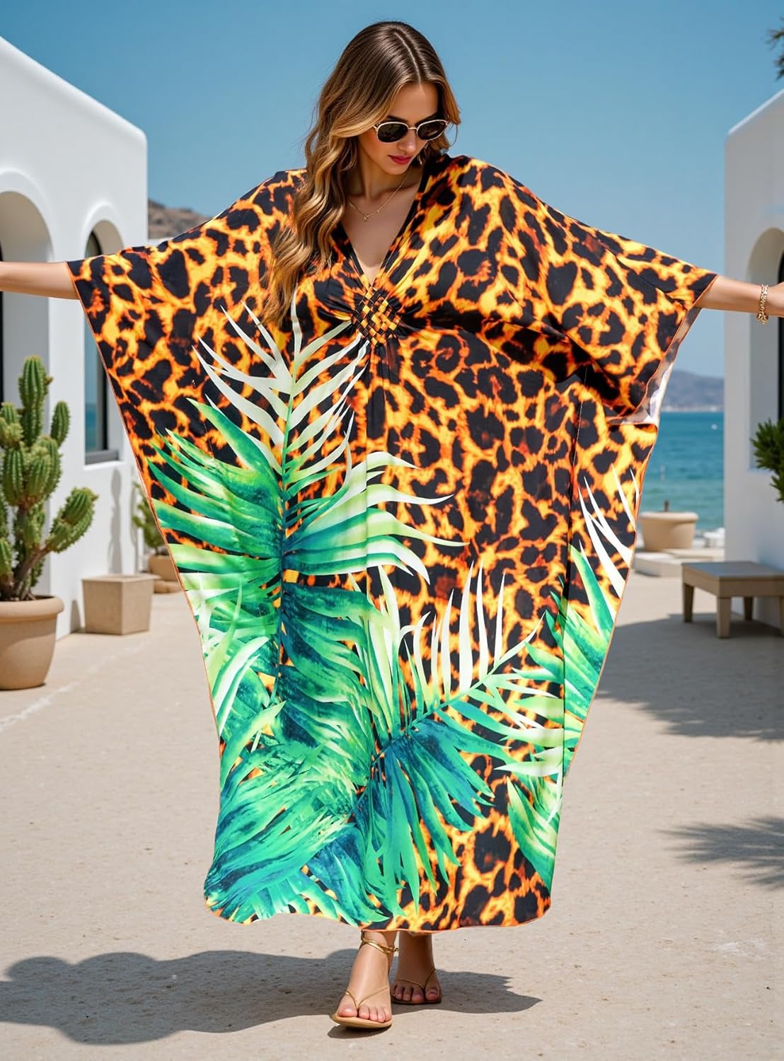 Women's Caftan Dresses Plus Size Mumu with V-Neck Batwing Sleeves Lightweight Beach Cover Up and Loungewear - Image 4