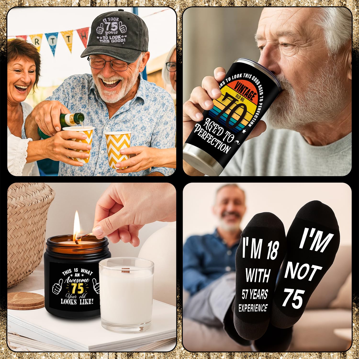 Regalo per il 75° compleanno da uomo, 7 pezzi, 75 anni, idea regalo per compleanno, tazza da viaggio da 590 ml, calzini divertenti, berretto da baseball, portachiavi, apribottiglie, candele, 75