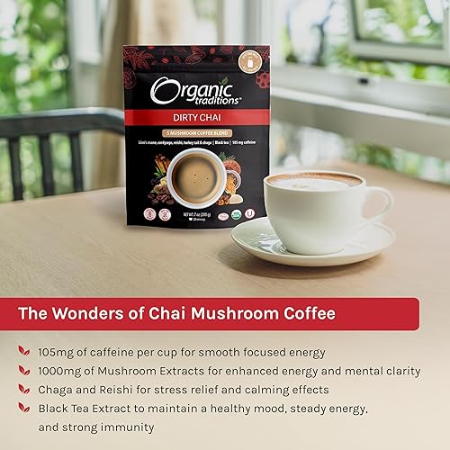 Miniatura 4 de Organic Traditions Mezcla de café de hongos sucios Chai, café instantáneo 100% orgánico de hongos con chaga, cordyceps, reishi, melena de león, cola