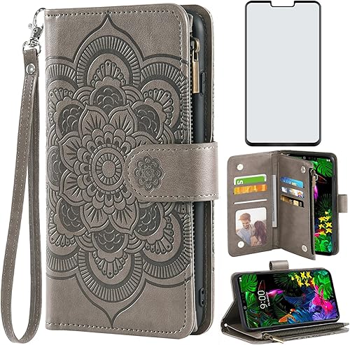 Asuwish Compatible con LG G8 ThinQ - Funda tipo cartera y protector de pantalla de vidrio templado, funda de cuero con diseño de flor para LGG8 Thin