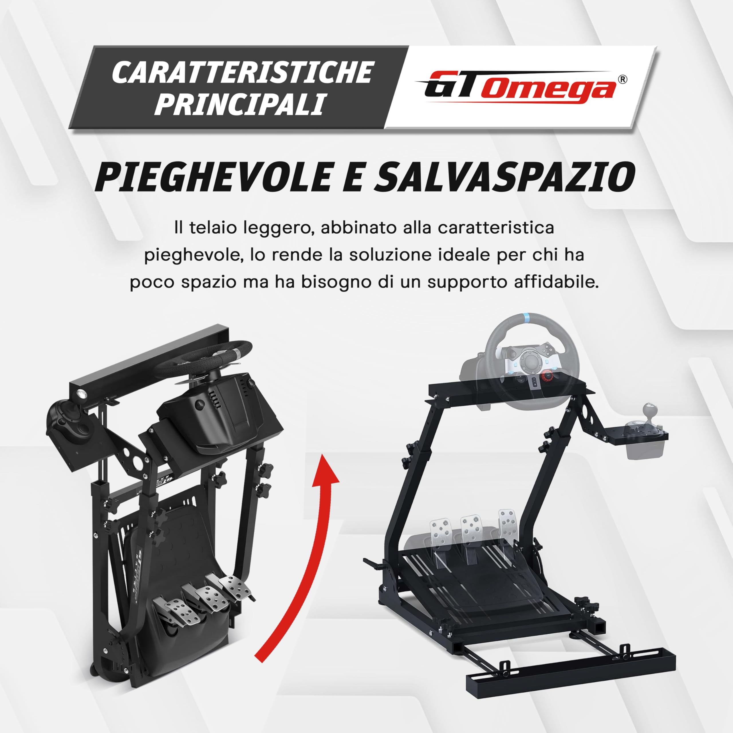 GT OMEGA Classic Supporto per volante - Simulazione pieghevole entry-level, pre-equipaggiata con supporto per cambio e collegamento per sedia, regolabile e pronta per l'aggiornamento
