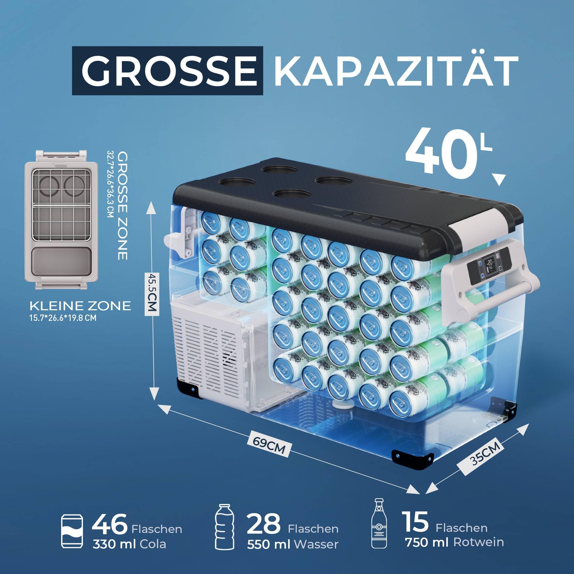 EUHOMY 40L Kompressor Kühlbox -20℃~20℃ 15-Min Schnellkühlung APP Steuerung ECO-Modus MAX-Modus 12/24V DC 100-240V AC 3-Stufen Batterieschutz Tragbar Leise