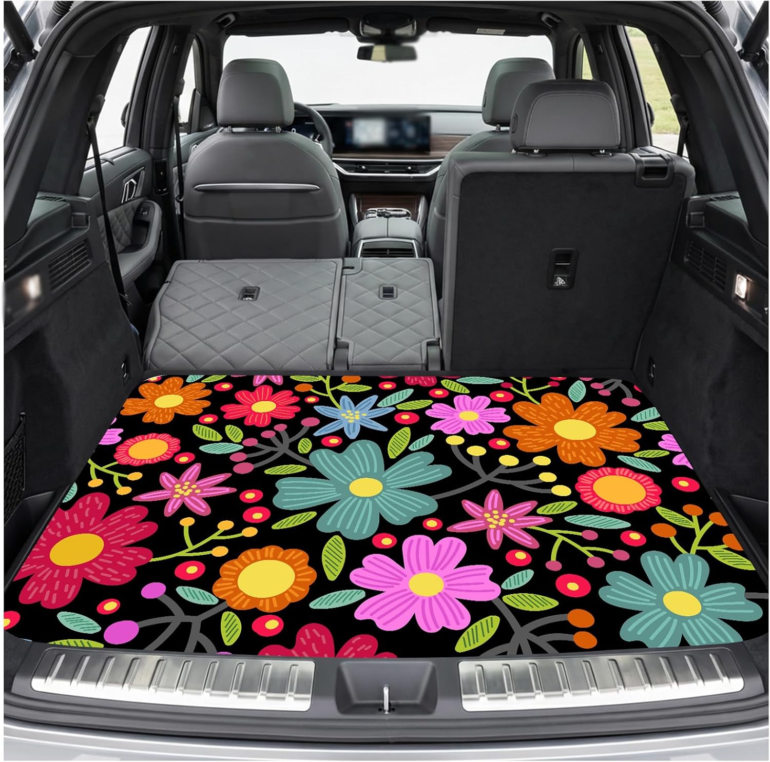 Universal Car Trunk Mat 29''x39'', Multicolored Flowers Patterns All Weather Trunk Protection Cargo Liner,Non-Slip and Washable Durable Cargo Mat Rear Trunk Liner for Most Car Models