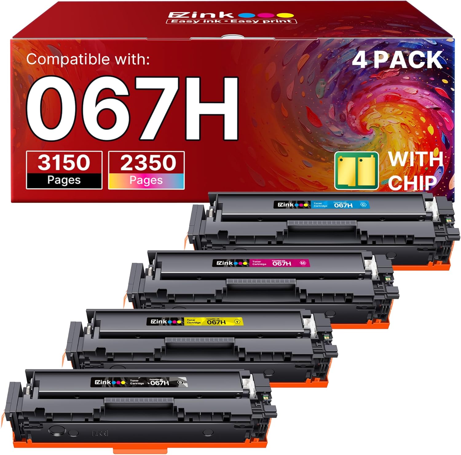 E-Z Ink 067H 067 Toner Cartridge with Chip Compatible for Canon 067H Toner Cartridge Set High Yield Cartridge 067 for Canon imageCLASS MF656Cdw MF654Cdw LBP632Cdw MF653Cdw Printer (BCMY, 4 Pack)