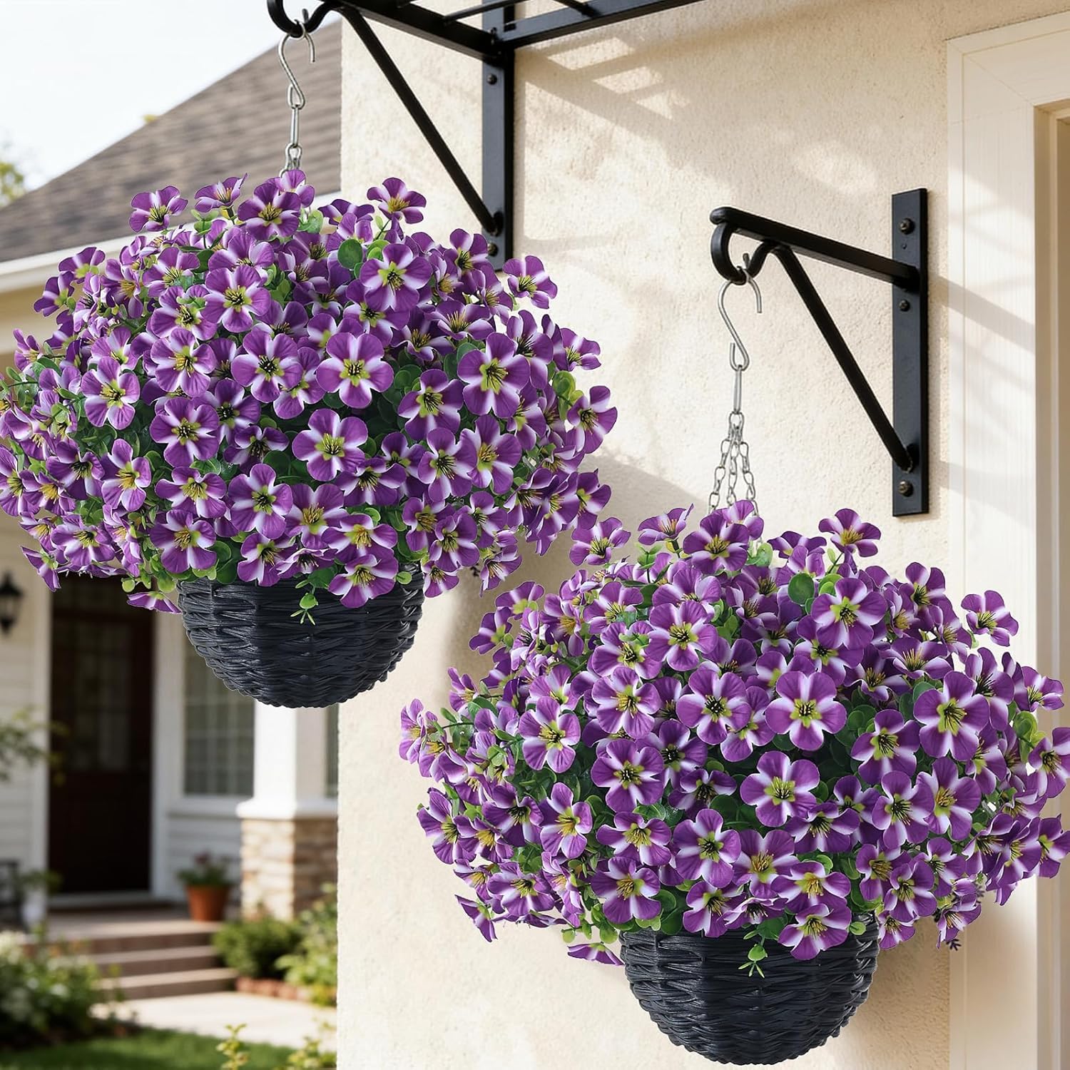 VIERENA 2 Sets Artificial Morning Glory and Eucalyptus Hanging Basket for Outdoor, UV-Resistant Fake Flower Hanging Basket, Suitable for Porch, Aisle, Garden, Patio, Eaves Decor (Purple)
