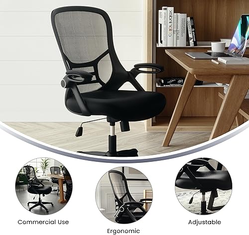 Miniatura 5 de Flash Furniture Porter - Silla de oficina giratoria ergonómica de malla negra con marco negro y brazos abatibles Negro