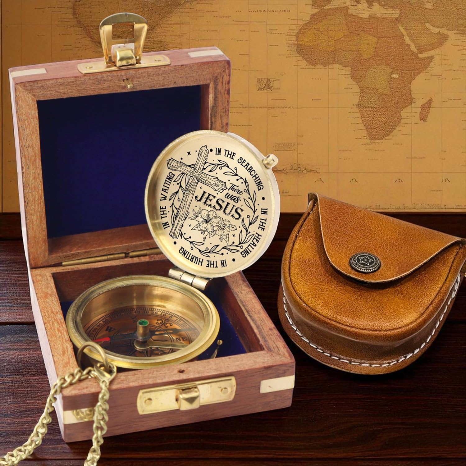 Personalised Baptism Compass with Engraved Name & Date – Religious Keepsake Gift for First Communion, Confirmation – Includes Wooden Gift Box & Leather Case for Lasting Memories