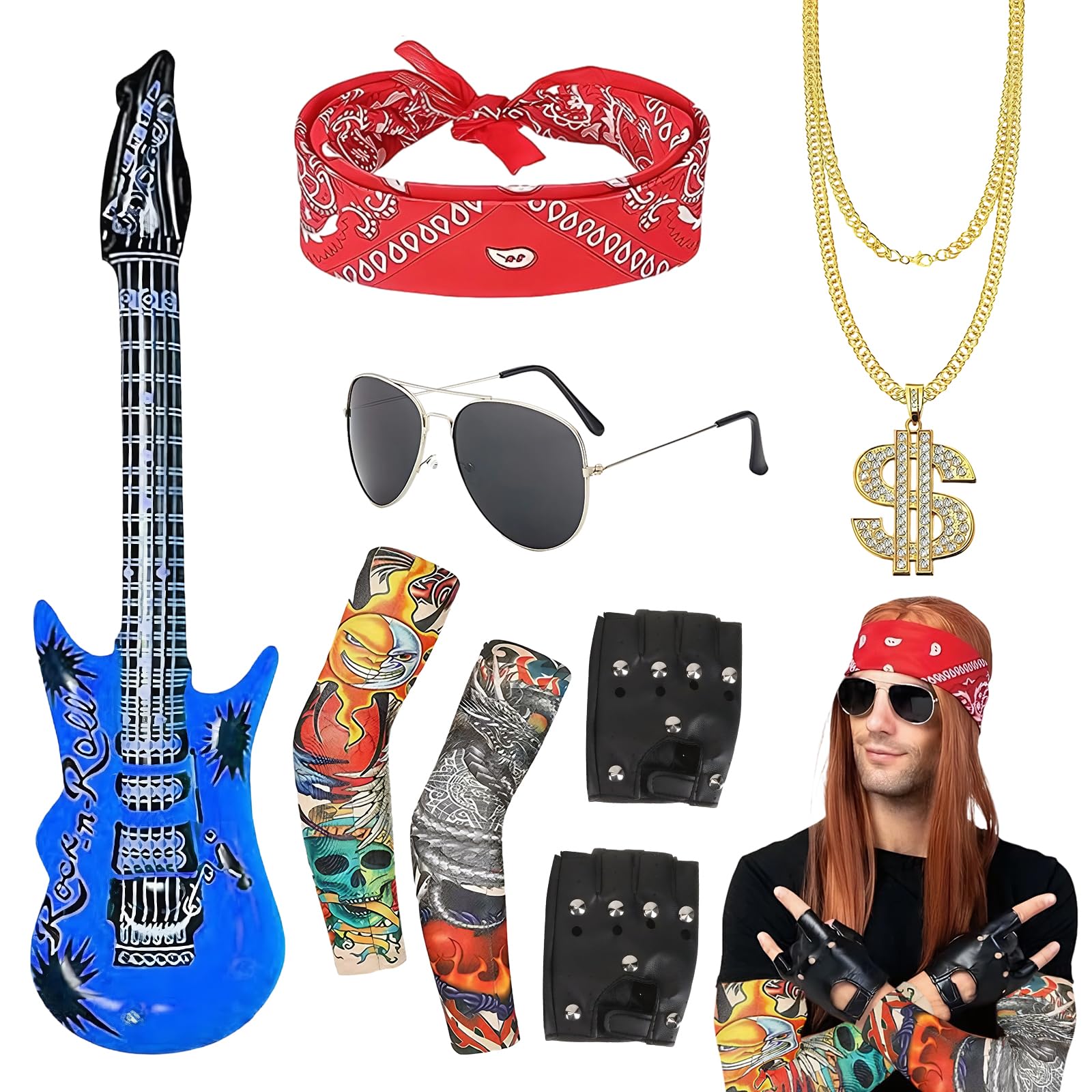 Kighdel Rockstar Fancy Dress-8PCS Punk Accessories Gothic Rock Star Costume Outfit with Blue Guitar, Sunglasses, Headscarf