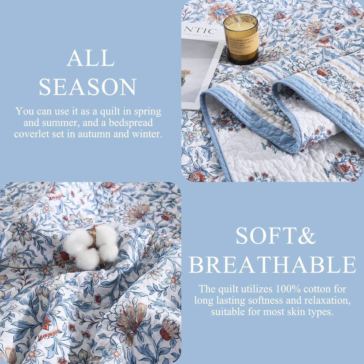 DDUOXIN 100% Cotton King Quilt Set - Botanical Floral Plant Quilts with 2 Pillow Shams, Lightweight Reversible Bedspread Bedroom Bedding for All Seasons, Baby Blue/Mecca Orange/Pebble/Star White