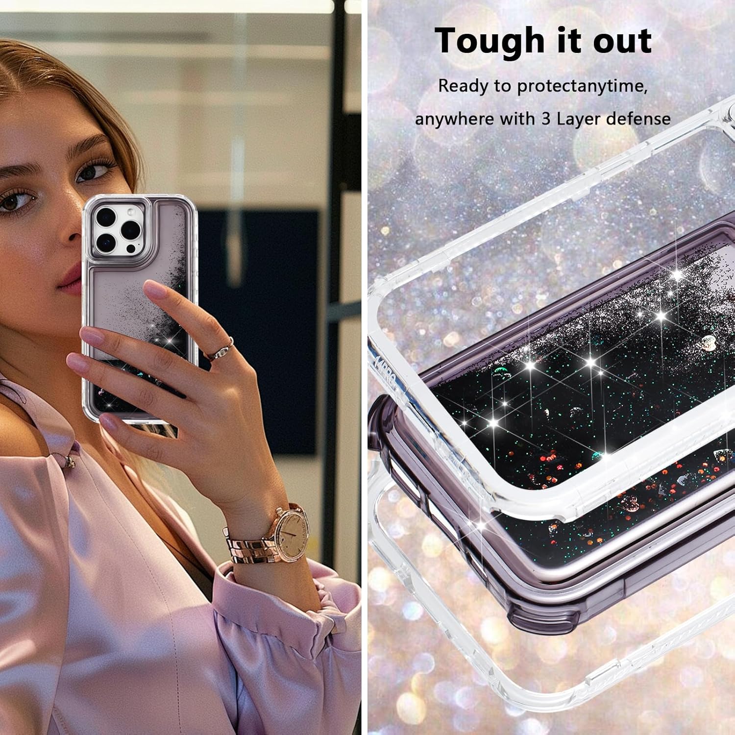 Designed for Glitter iPhone 16 Pro Max Case, Clear Sparkle Liquid Case with Luxury Bling Design [3-in-1 Protection] Military-Grade Anti-Yellowing Cover for Women - Image 4