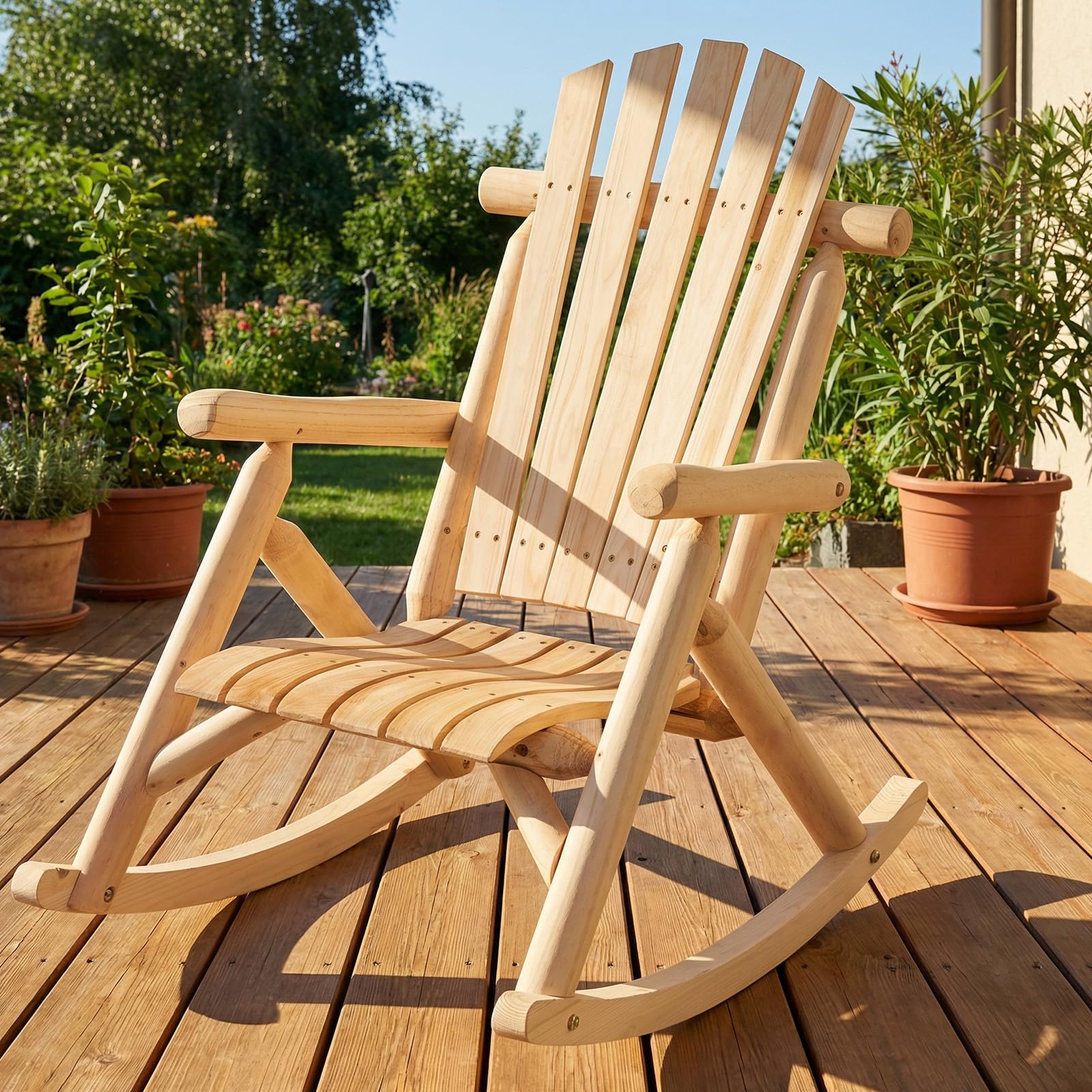 COSTWAY Fauteuil à Bascule Adirondack Exterieur Interieur, Rocking Chair en Bois Massif, Siège Incurvé, Haut Dossier Éventail, Chaise pour Jardin Terrasse Balcon, Charge 150 kg, 99 x 68 x 99 cm