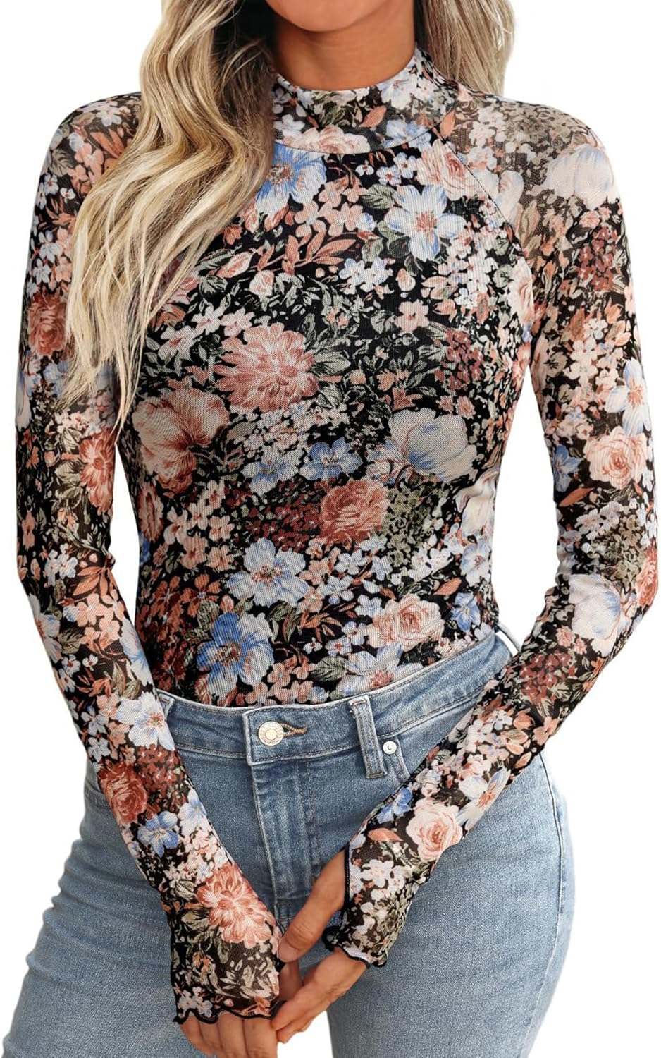 NTSWZYS Womens Floral Mesh Sheer Long Sleeve Tops Lace Mockneck Going Out Tops Fashion Spring Summer Outfits 2025