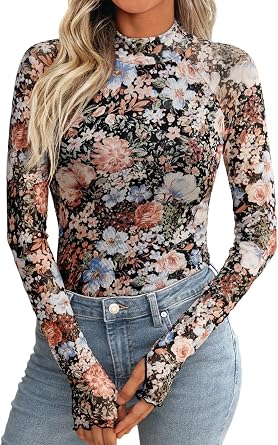 NTSWZYS Womens Floral Mesh Sheer Long Sleeve Tops Lace Mockneck Going Out Tops Fashion Spring Summer Outfits 2025