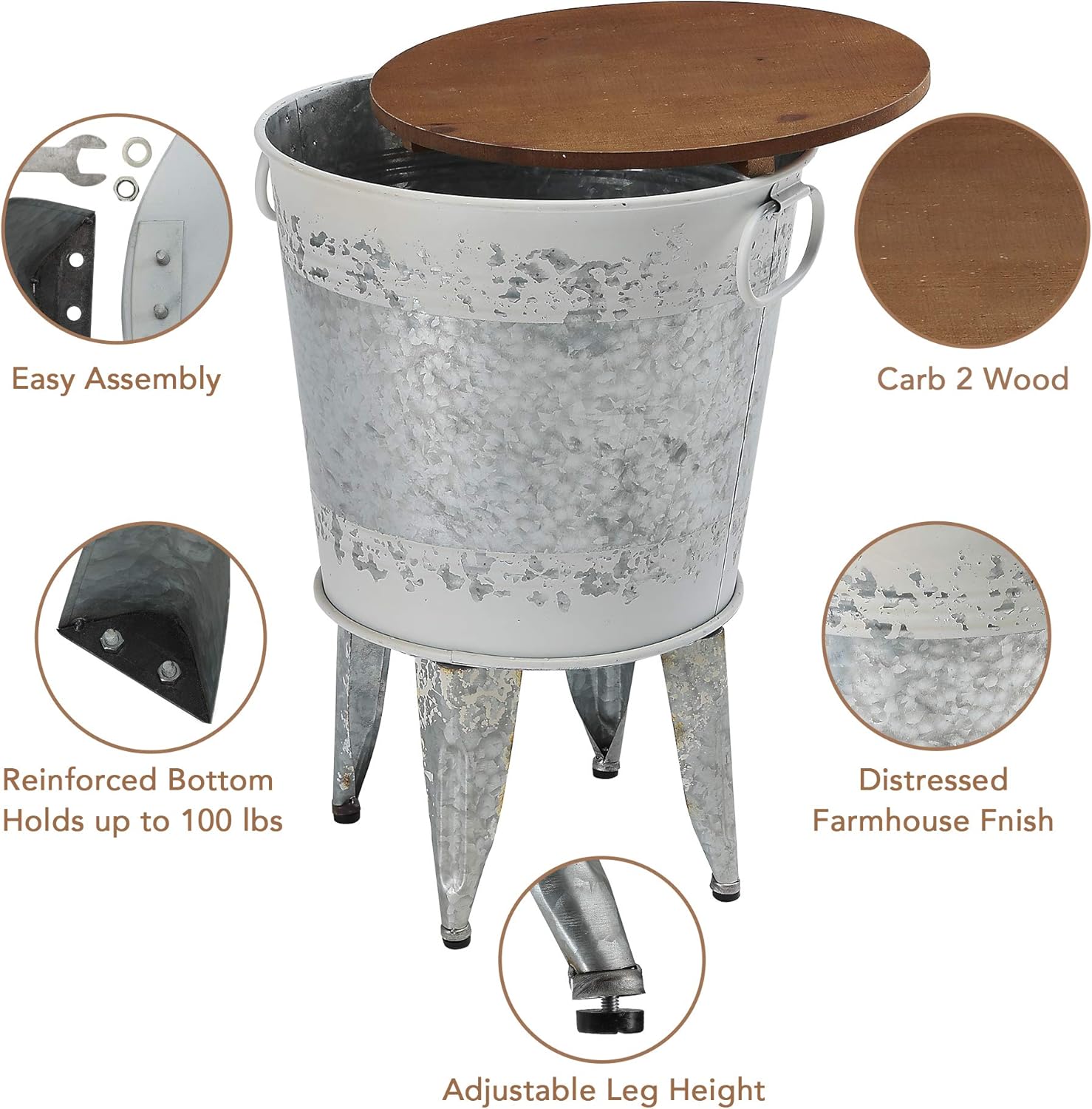 RUSTOWN Farmhouse Accent End Table, Rustic Antique Galvanized Side Coffee or Cocktail Table, Storage Metal Bin with Round Wood Lid Set of 2 (Distressed White)