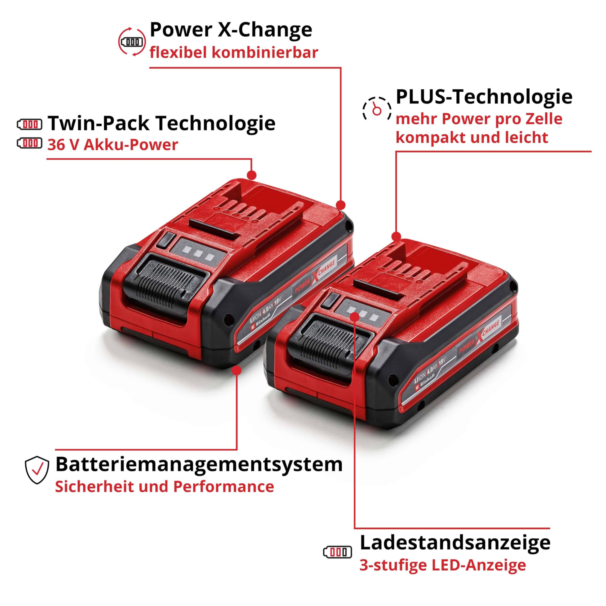 Oryginalny akumulator Einhell 4 Ah Power X-Change Plus (18 V, litowo-jonowy, uniwersalne zastosowanie do wszystkich urządzeń PXC, kontrola stanu naładowania, podwójny pakiet, w zestawie 2 x