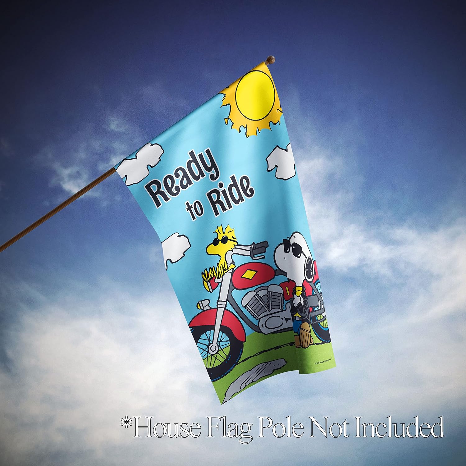 Flagology.com, PEANUTS®, PEANUTS® Motorcycle Joe Snoopy Ready to Ride – House Flag 28" x 40", Exclusive Premium Fabric, Outdoor Flag, Officially Licensed PEANUTS®, Spring