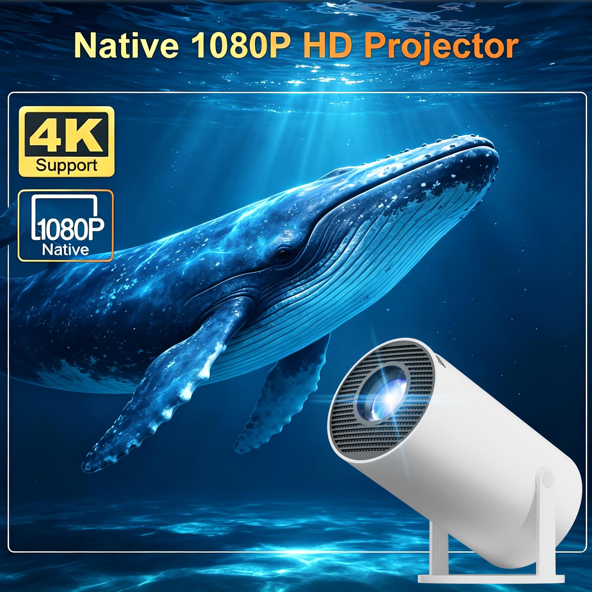 Proiettore Smart Appartamento, Nativo 1080P Supporto 4K, Android 11, WiFi 6 + Bluetooth 5.4, Rotazione di 180°, Compatibile con iOSAndroidTV