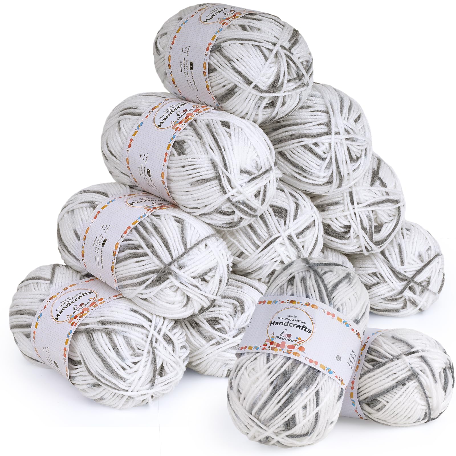 Aeelike 600 g (12 x 50 g) Wool Colour Gradient Cotton Yarn for Crocheting, Grey White — image 1