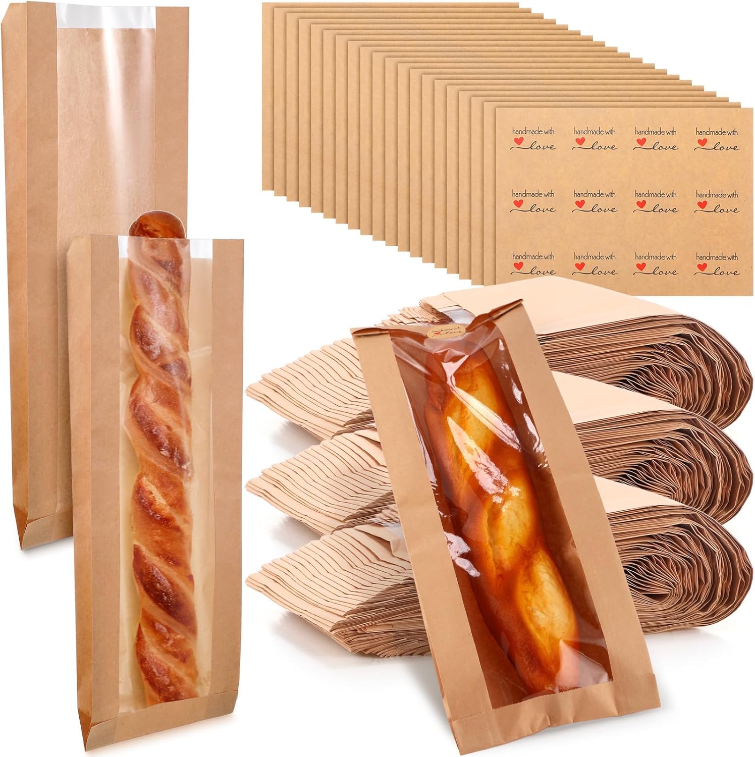 Thenshop 240 Pieces Paper French Bread Bags with Seal Stickers Baguette Bags for Homemade Brown Bread with Clear Window Kraft Loaf Bakery Storage Sacks Long Biscuits Packaging Bulk 6.5 x 2 x 18 Inch