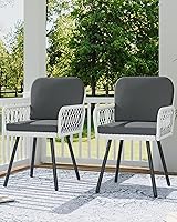 GarveeLife Patio Dining Chairs Set of 2: Black Metal & White Woven Rattan Armchairs with Cushions, Weatherproof for Garden Deck Balcony