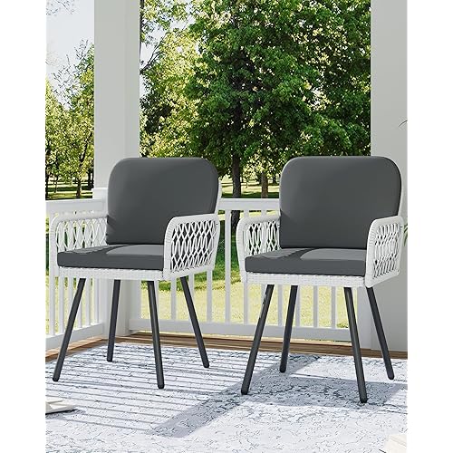 GarveeLife Patio Dining Chairs Set of 2, Black Metal Frame & White Hand-Woven Rattan, Porch Armchairs with Cushion for Indoor, Garden, Balcony, Deck, Backyard