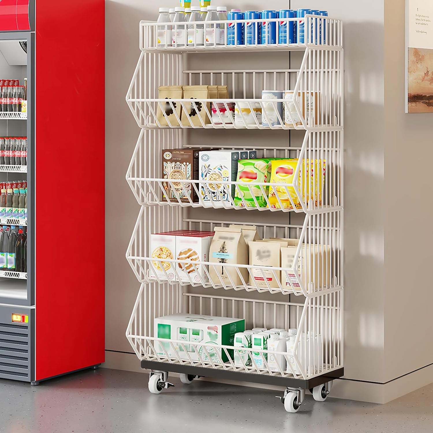 5-Tier Slanted Rolling Retail Display Rack with Locking Wheels | Heavy-Duty Metal Snack & Chip Display Stand for Grocery Stores, Supermarkets, Bakery | Space-Saving Store Organization Shelf