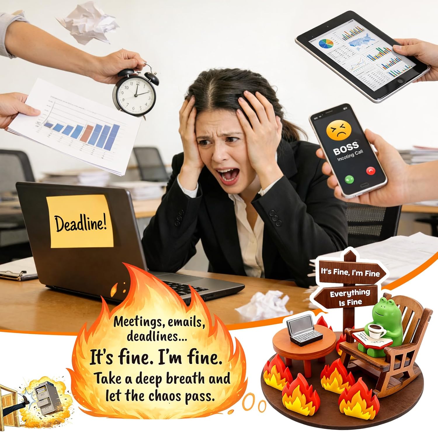 Miniature Frog Figurines Funny Desk Decor, Everything is Fine Meme Desk Figurine, Emotional Support Office Ornament, Stress Relief Gift for Coworkers, Home Workspace Tabletop Decoration