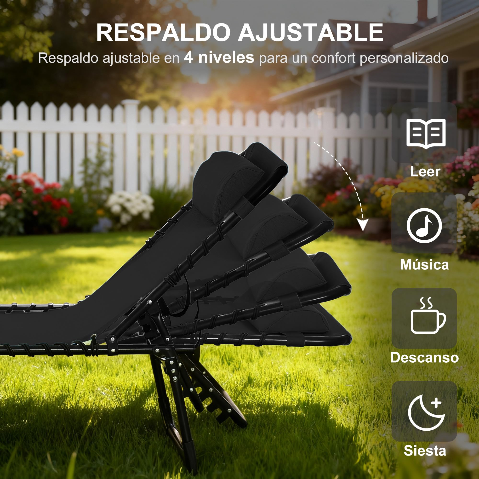 Outsunny Tumbona Plegable, Tumbona Jardín Exterior Reclinable 4 Posiciones con Reposacabezas y Marco de Acero, Carga 120 kg, para Terraza, Piscina, Playa, 189x58x30 cm, Negro