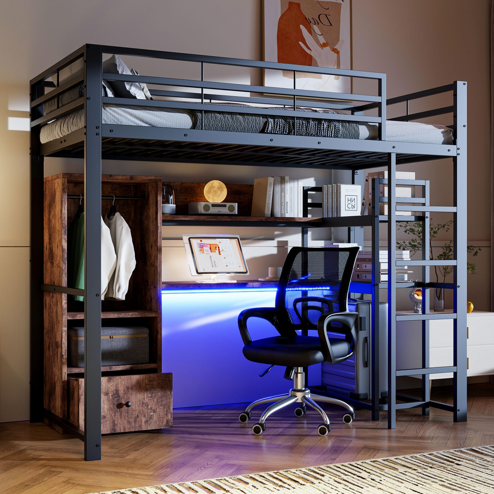 Letto a soppalco 90 x 200 cm, letto per ragazzi in metallo con luci a LED e scrivania, con vano portaoggetti e scaffale, con protezione anti-caduta e scala, senza materasso (nero, 90 x 200 cm)