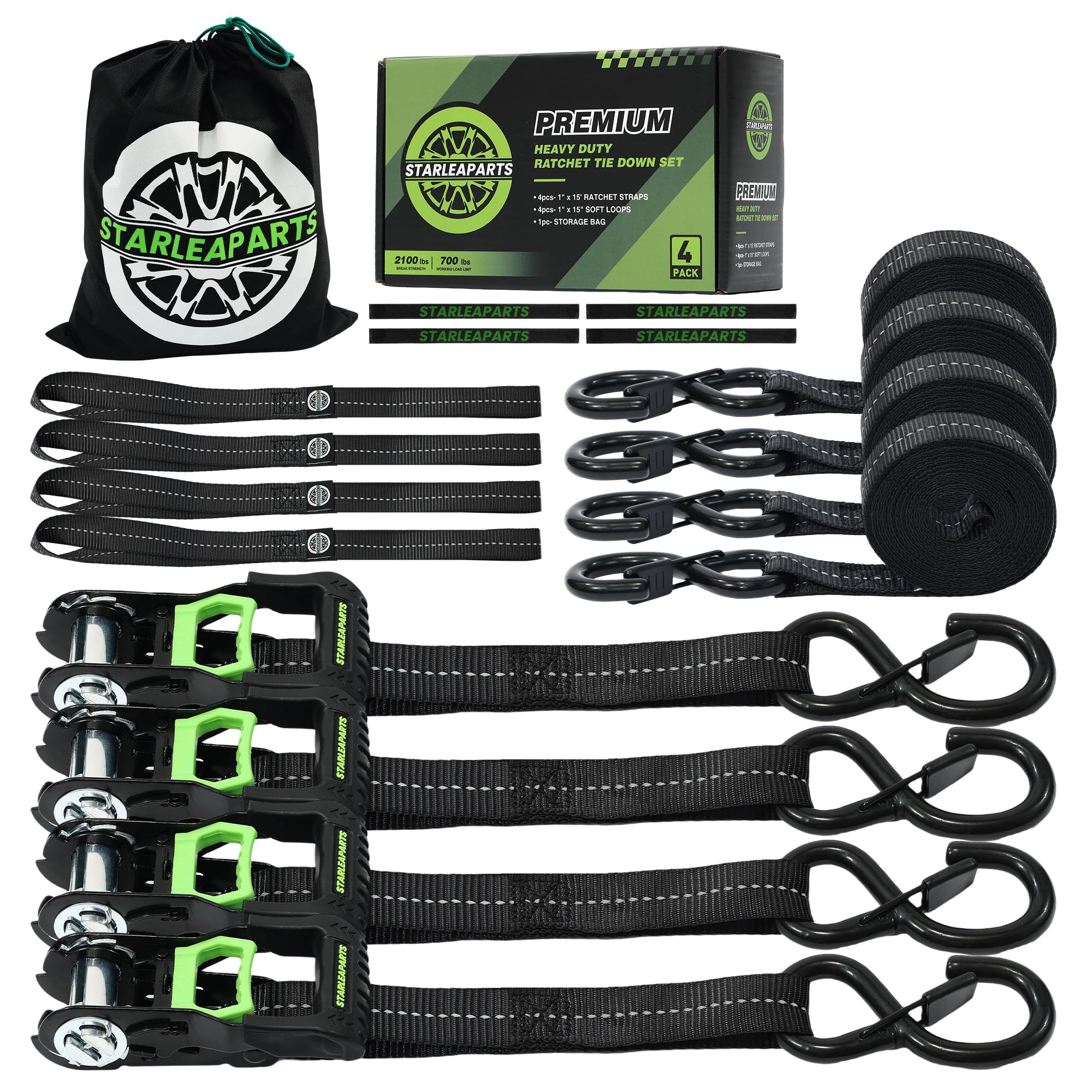 Motorcycle Tie Down Strap (4PK) - 2,100lb Break Strength Premium 15ft Ratchet Tie Down Straps Set, Soft Loop Ratchet Straps for Moving Appliances,