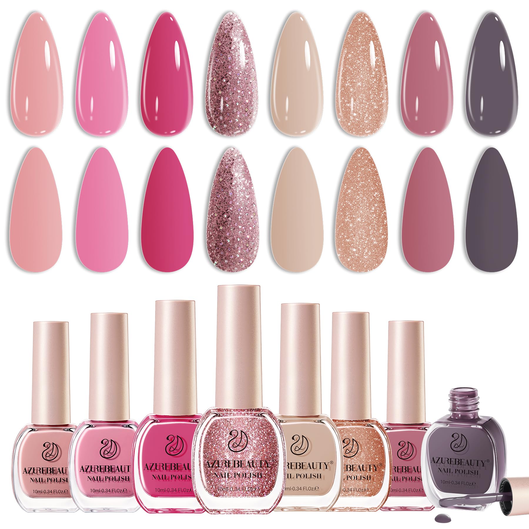 AZUREBEAUTY Hot Pink Nude Grey Glitter Nail Polish Set 8 Colors, Quick Dry Natural Nail Lacquer Strengthening Treatment Kit DIY Salon