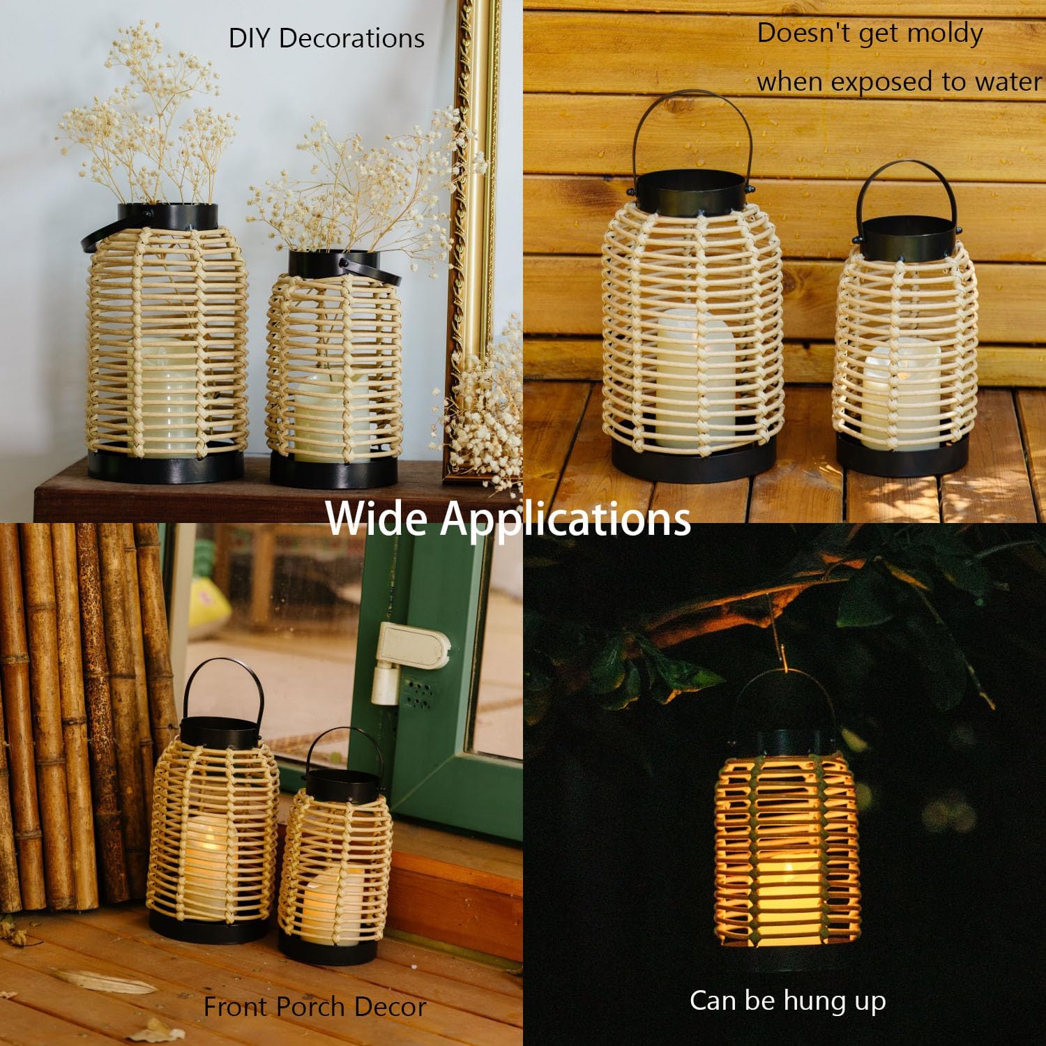 14in Lanterns Decorative for Home Decor- Decorative Candle Lanterns w/ LED Candles- Boho Rattan Woven Hanging Black Lanterns Decor for Indoor, Outdoor, Patio & Porch, Tabletop, Fireplace & Mantle