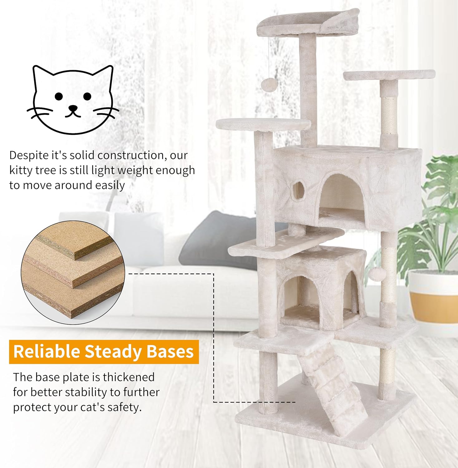 BLKMTY Cat Tree 70" Tall Cats Tower Large Cat Condo Climber Cats Climbing Stand with Top Perches Playhouse and Climbing Ladder Kitty Activity Tree w/Scratching Post Toys, Beige