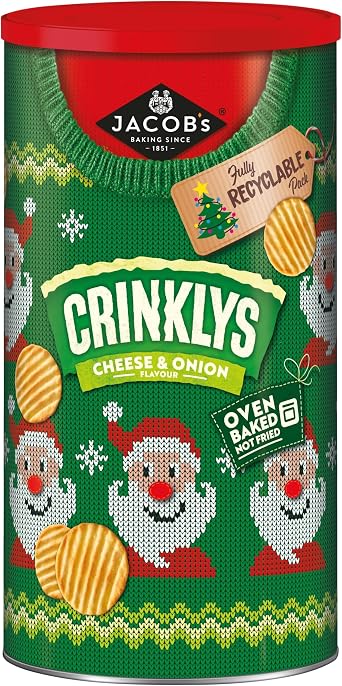 Jacob's Crinklys Cheese and Onion Baked Snacks, Christmas Tub, 200 g