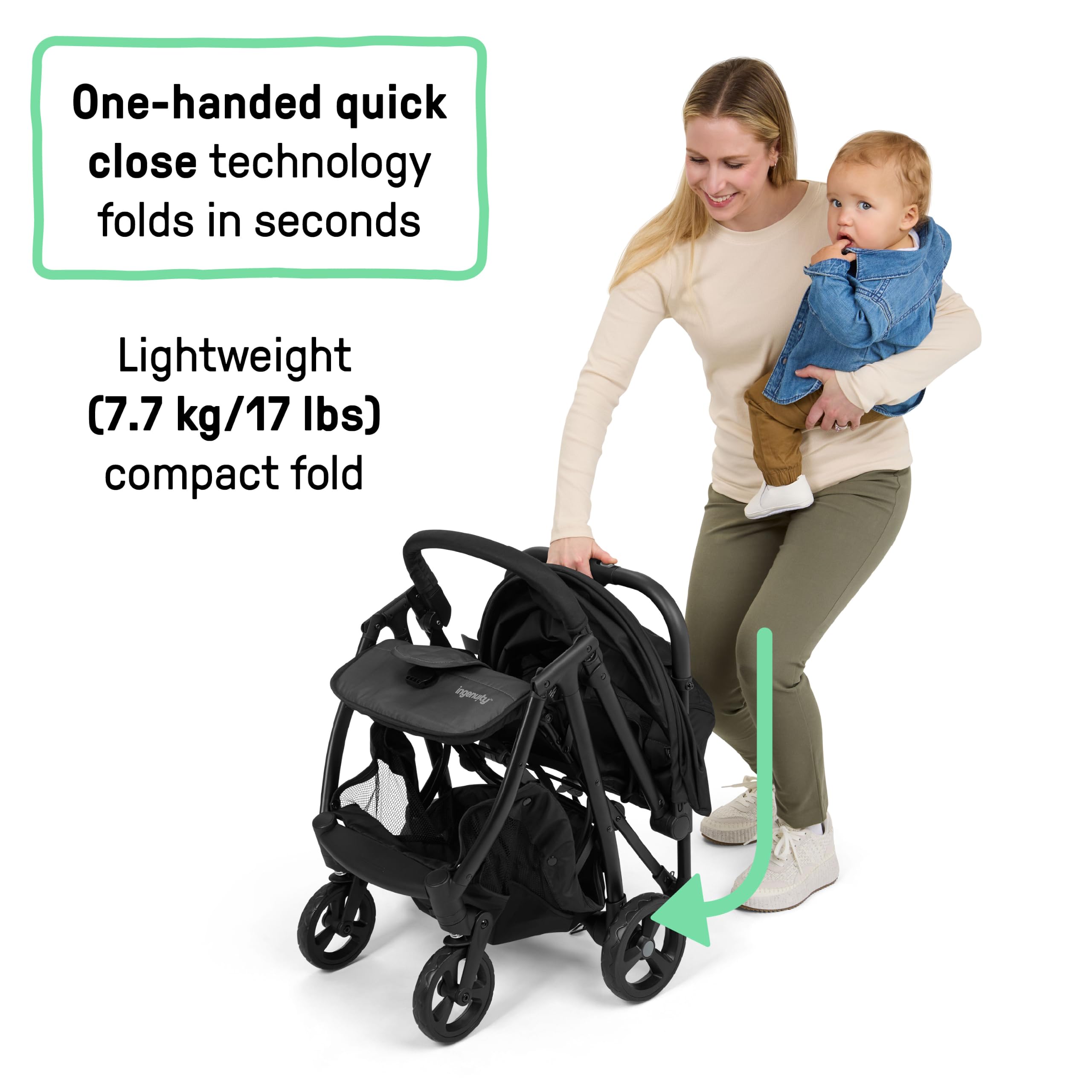 Ingenuity Passeggino 3Dquickclose CS+ Pieghevole Compatto con Cappottina Oversize, Ampio Spazio Portaoggetti, Leggero, Nero