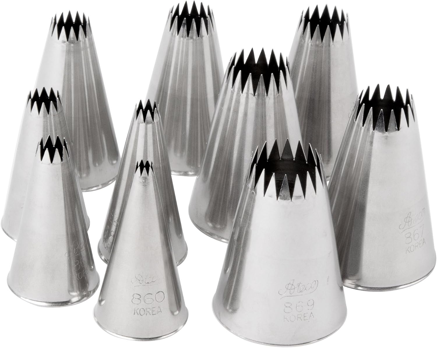 Ateco French star piping tips 860 and 869 displayed together with remaining tips showing size graduation
