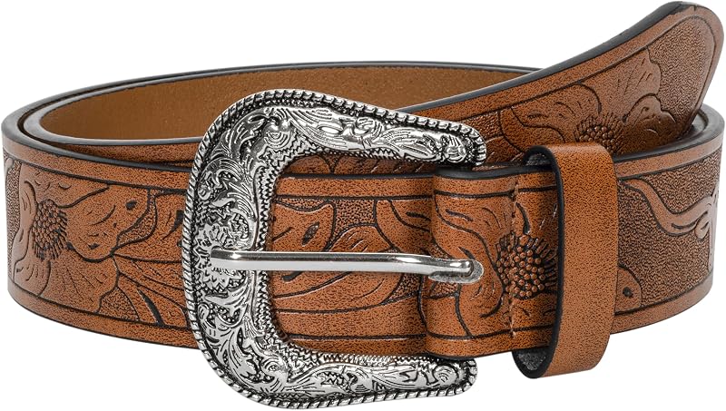 Women-Western-Belt Cowgirl-PU-Leather-Waist-Belt with Vintage-Carved-Buckle