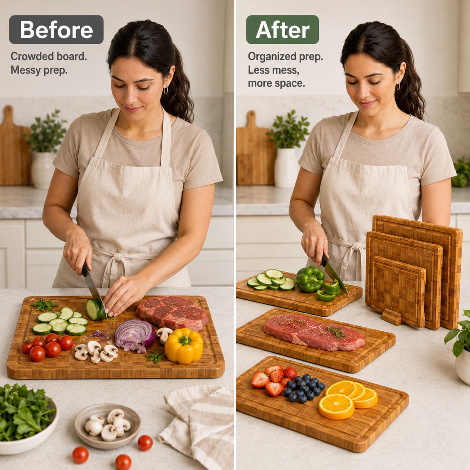 Tabla De Cortar De Bambú, Conjunto De 3 Tablas De Cocina Madera, Tabla Cortar Bambú Gruesa con Soporte Y Canal para Jugos, Tabla para Cortar, Preparar Carne, Fruta Y Pan