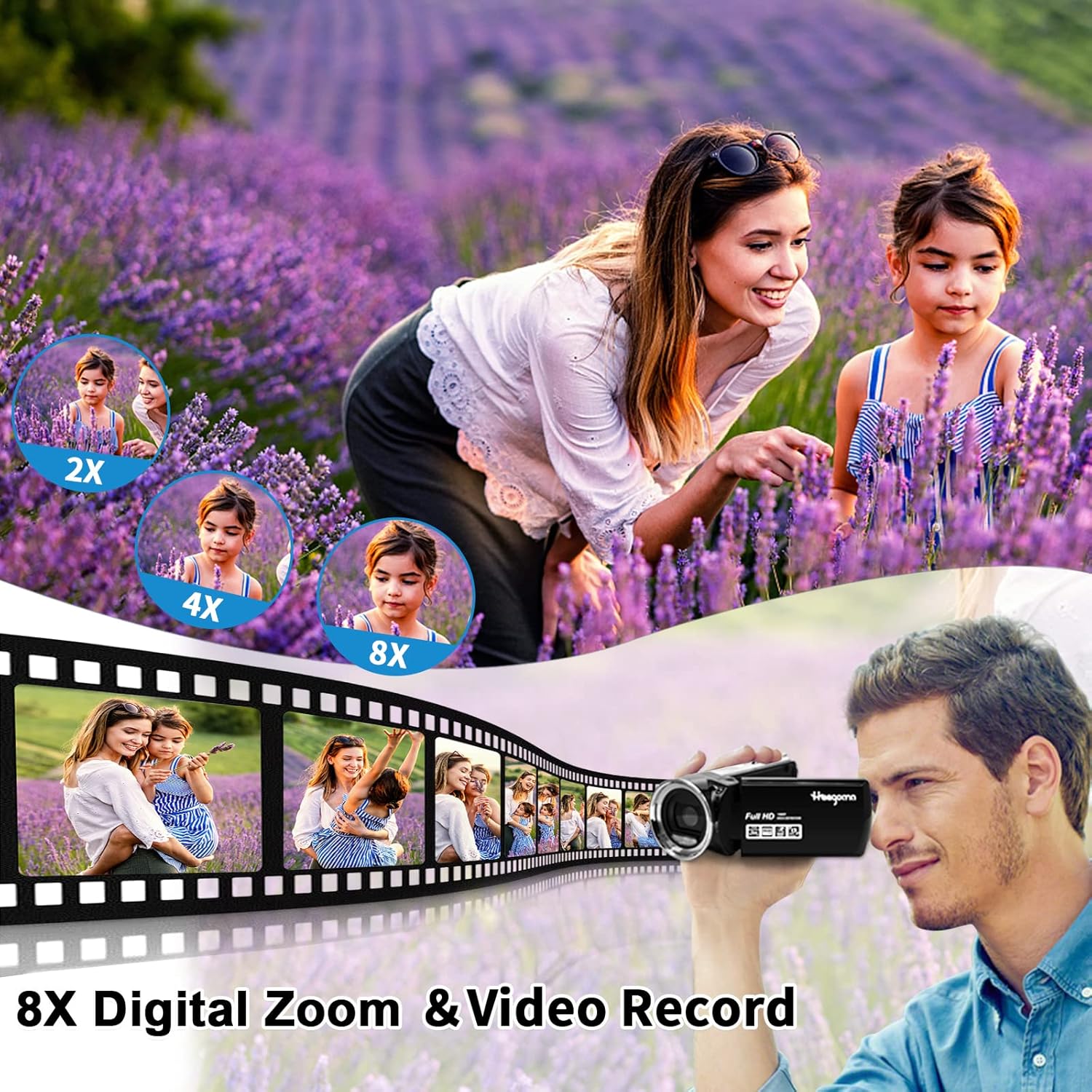Heegomn camcorder demonstrating 8X digital zoom and video recording with a family in a lavender field