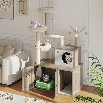 Wooden Cat Tree with Hidden Litter Box Cabinet, Indoor Cats Multi-Level Condo with Scratching Posts, Perches, Hammock & Cozy Basket, Stylish Cat Litter Box Enclosure, 31.5 x 18.9 x 55.1in, Gray