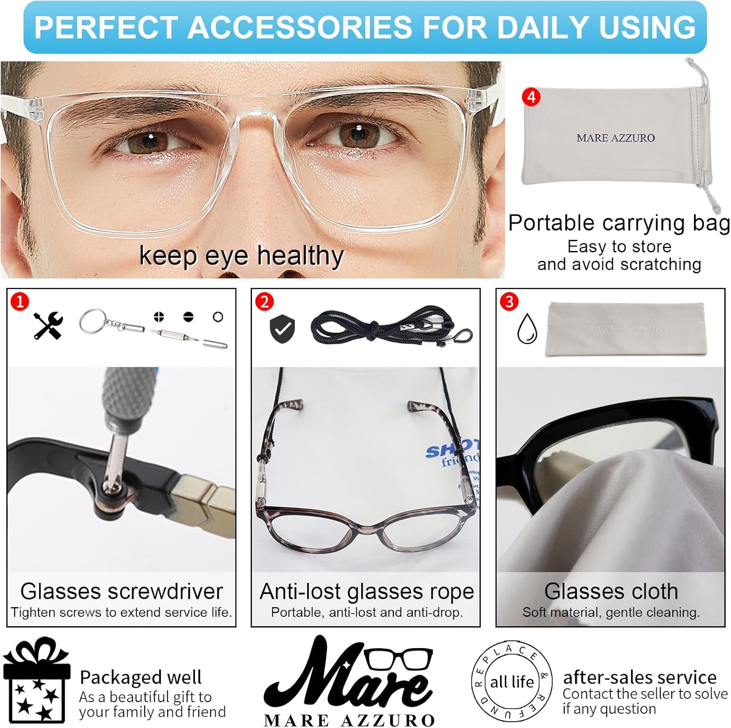 MARE AZZURO Large Blue Light Blocking Reading Glasses Men Computer Readers 0 1.0 1.25 1.5 1.75 2.0 2.25 2.5 2.75 3.0 3.5 4.0 5.0 6.0 (Transparent, 2.00) - Image 6