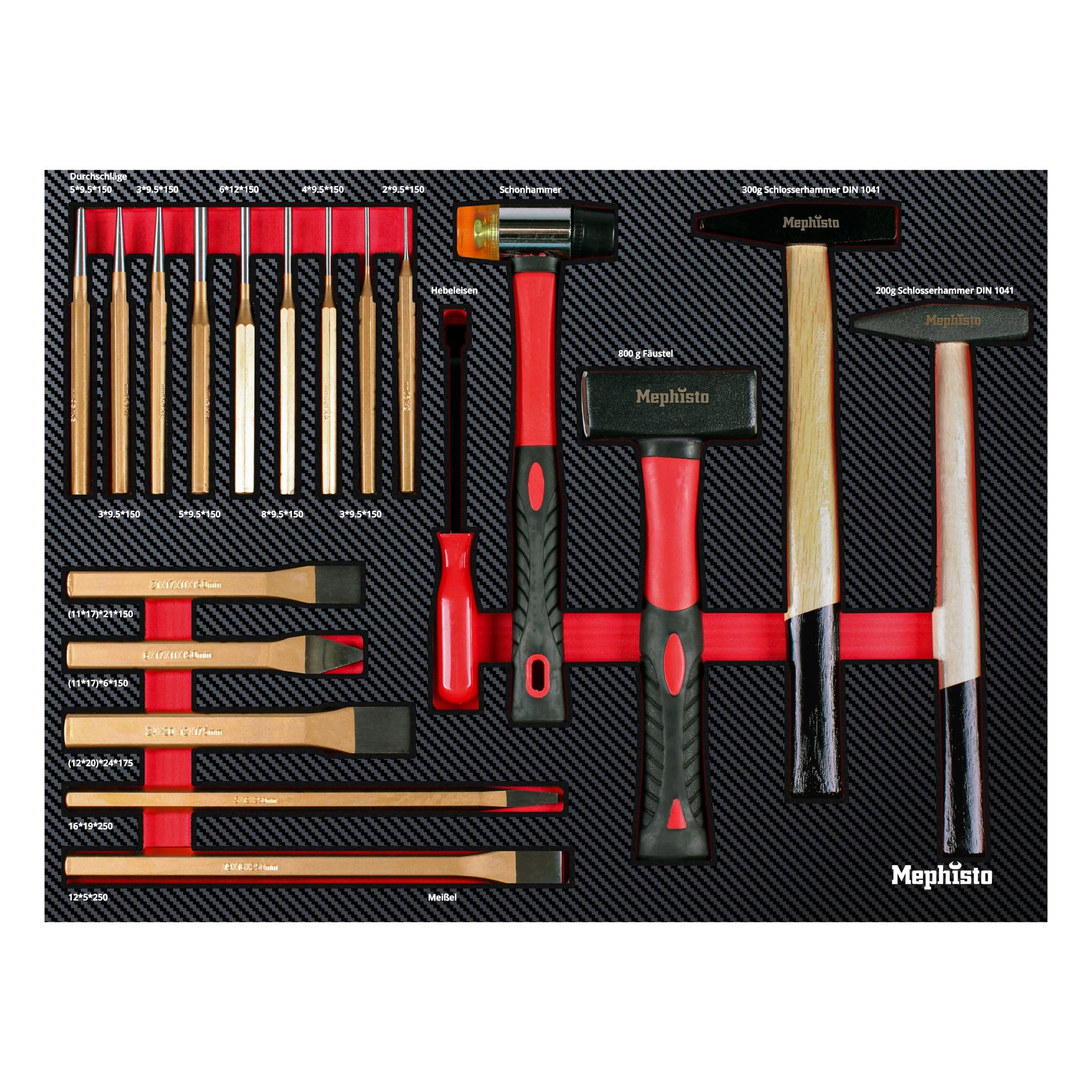 Mephisto Juego de martillo para carro de taller Pro Line con martillo, palanca, martillo de plástico, sacadores, cincel en suave incrustación en imitación de carbono